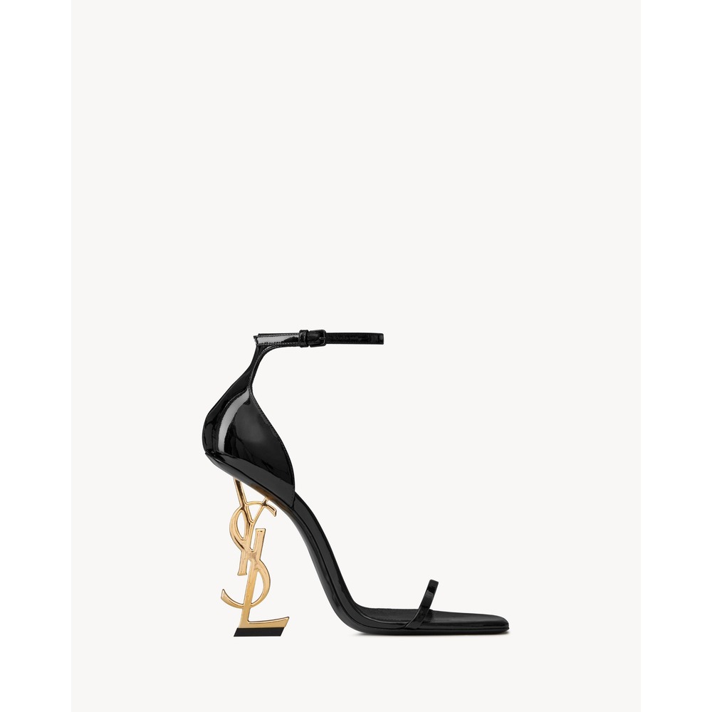 Saint Laurent Opyum Black Patent Leather YSL Gold Monogram Heel Sandals Size 38 - Picture 12 of 12